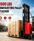 Heavy Duty 3500 Lbs Electric Walkie Pallet Stacker With Powerhouse 1.6KW Motor For Warehouse Jobs And Heavy Load Lifting Up To 94 Inches High with stacked boxes.