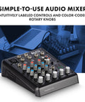 Close-up of TrueMix 500 Audio Mixer with XLR mic input and USB interface, showing labeled controls and color-coded knobs.