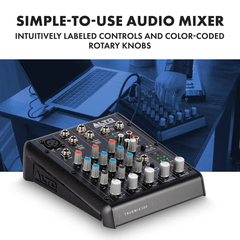 Close-up of TrueMix 500 Audio Mixer with XLR mic input and USB interface, showing labeled controls and color-coded knobs.