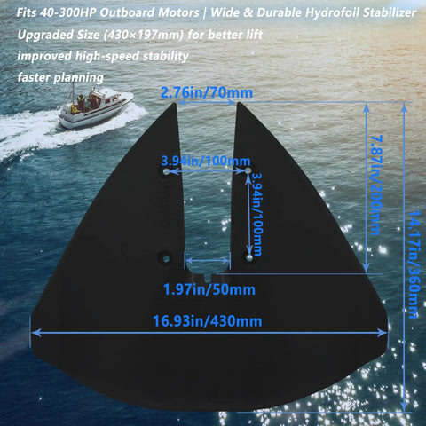 Hydrofoil Stabilizer For Boats Dual Wing Design Fits 40 To 300HP Outboard And Outdrive Motors, illustration with dimensions