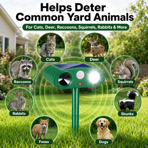 4 Pack Ultrasonic Outdoor Animal Deterrents With Solar Power Motion Sensor IP65 Waterproof Flashing Light, green stake in yard