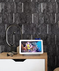 Peel And Stick Backsplash Tiles PVC Wall Panels Ecru Rustic Wood Look For Kitchen Bathroom RV Fireplace 10 Pack With Eco Friendly Vinyl Easy Peel Backing And Heat And Moisture Resistant Finish, displayed in a modern styled room with a white digital clock and decor.