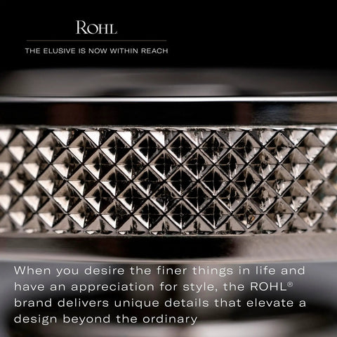 Close-up of textured metal surface and ROHL branding, highlighting design details.