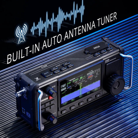 X6200 Portable HF Radio Transceiver with RF Direct Sampling 50 MHz Band showing built-in auto antenna tuner on LCD
