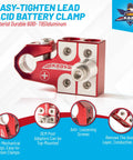 Easy-tighten lead acid battery clamp, red aluminum with anti-loosening screws and top-mount adapter, durable 6061-T651 material.