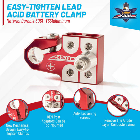 Easy-tighten lead acid battery clamp, red aluminum with anti-loosening screws and top-mount adapter, durable 6061-T651 material.