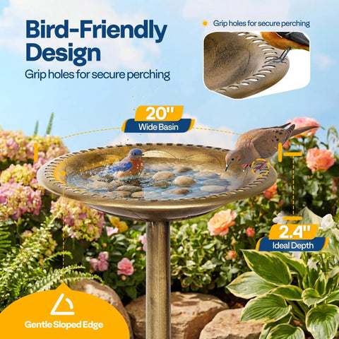 Weather Resistant Outdoor Polyresin Bird Bath With 28 Inch Pedestal And 20 Inch Bowl In Antique Copper Finish For Garden Backyard And Patio Stable And Tip Proof Built To Last Easy Setup No Fuss, shown with birds on edge.