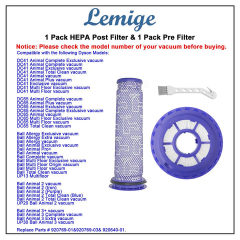 Replacement Vacuum Filter Kit For Dyson DC41 DC65 DC66 UP Series Vacuums With Pre And Post Filters, shown with packaging and instructions.