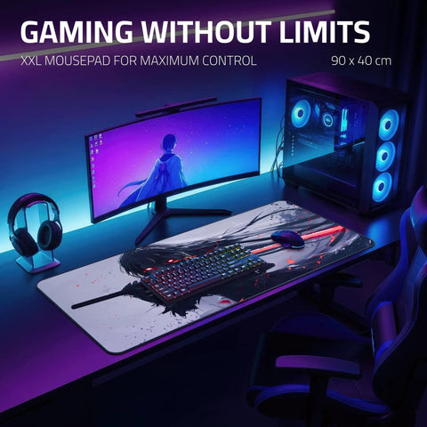 XXL Anime Gaming Mouse Pad 35.4 x 15.7 Inch Desk Mat With Water Resistant Surface And Stitched Edges, covering desk with keyboard and monitor.