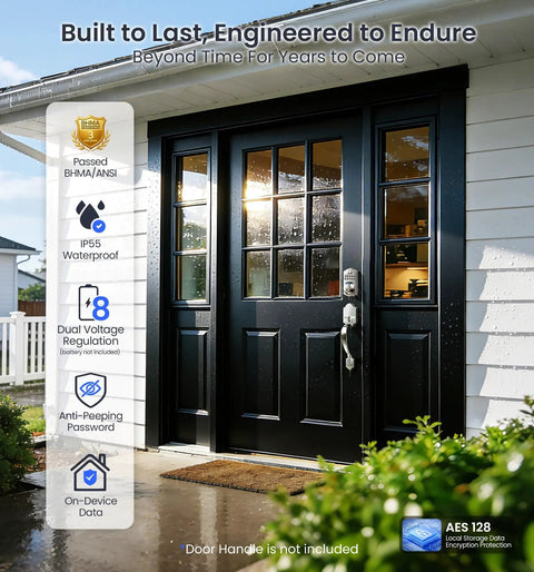 Smart WiFi Fingerprint Front Door Lock With App Control And Voice Assistants 6 In 1 Keyless Entry No Key Needed Stores 20 Fingerprints Unlimited Codes 100 Custom PINs Two Physical Keys Auto Lock Satin Nickel installed on black front door