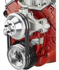 Close-up of One To One Pulley Combo For SBC Short Water Pump with CNC Aluminum double groove crank and water pump pulleys.