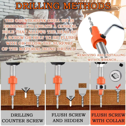 Illustration of Heavy Duty 8mm Adjustable Single Hole Punch Set With Wood Countersink Drill Bit for flush screws in wood.