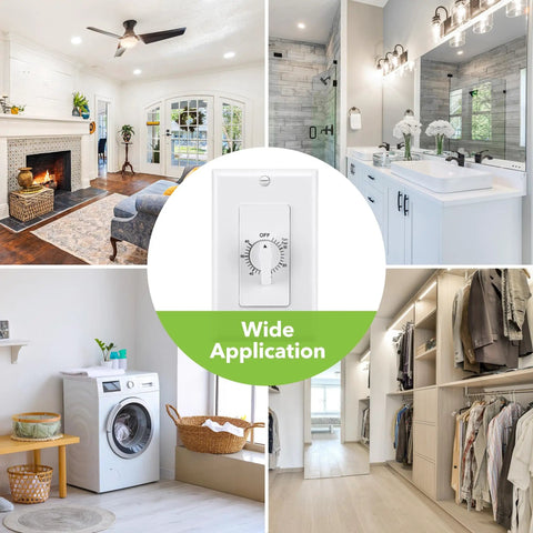 60 Minute Spring Wound Bathroom Timer Switch for fans and lights, wide application in various rooms, wall plate included