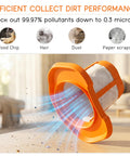 Orange HHVKF10 filter blocking dirt particles; Six Pack Replacement Filter Set For HHVKF10 Compatible With Dust Buster Handheld Vacuum Fits HHVK515J00FF HHVK515JP07 HHVK320J10 HHVK320J61 HHVK320JZ01 HHVK415B01 HHVK515 Vypart No Fuss Easy Install.