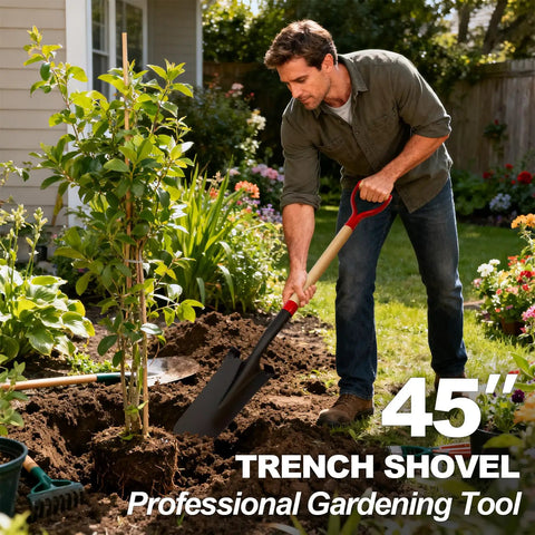 Man using Heavy Duty Spade Shovel For Digging With D Handle 45 Inch Trench Shovel For Gardening Digging Ground and Weeding
