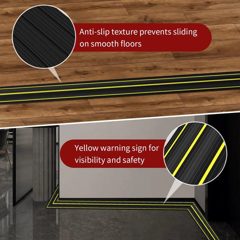 Black 6 Ft Floor Cable Cover With Three Large Cord Channels, anti-slip texture, and yellow warning lines on wooden and tiled floors.