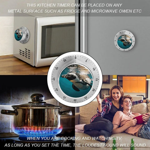 Ocean Penguin Stainless Steel Timer on fridge, mechanical dial visible, Go To Ocean Penguin Stainless Steel Timer With Magnetic Base For Kitchen Countdown And Baking, Compact 3.1 Inch Dial Timer For Cooking, Gym, Office, Jogging And Daily Tasks