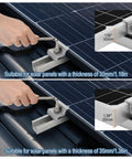 Six Rail Aluminum Solar Panel Mounting Kit No Brainer with 30mm and 35mm clamps on metal roof, tightening wrench view