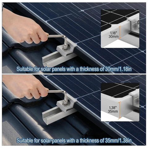 Six Rail Aluminum Solar Panel Mounting Kit No Brainer with 30mm and 35mm clamps on metal roof, tightening wrench view