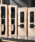 Real Deal Dual Door Smart Lock Kit With Fingerprint Reader And Touchscreen Keypad Keyless Entry For Home Security featuring black handles on wooden background.