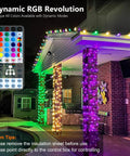 Lit Color Changing RGB Christmas Lights on outdoor patio, 66 feet, 200 LED, remote shown, multicolor, for holidays, parties.