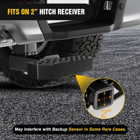 2-Inch Hitch Step With 11.9 Inch Textured Anti Slip Bar And Rear Bumper Guard attached to SUV hitch receiver on road