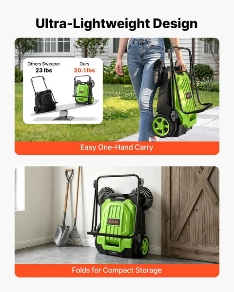 VEVOR Walk-Behind Floor Sweeper With 25.6 Inches Wide Brush And Big Waste Bin Perfect For Picking Up Leaves Grass And Debris From Yards Patios Garages No Battery Or Fuel Needed Super Easy To Push Around