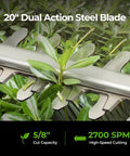 Close-up of a 20-inch dual action steel blade, part of the Cordless 20V Pole Hedge Trimmer With 20 Inch Cutting Length 15 Foot Reach Telescoping Extension Pole 112.5 Degree Rotating Rear Handle Lightweight And Comfortable With Adjustable Shoulder Strap For Pruning Tall Hedges And Bushes, cutting green leaves.