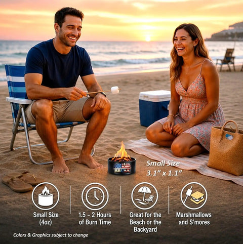 Couple at beach using Pocket Sized Bonfire In A Can Portable Campfire For Camping Picnics And Emergencies Reusable With Up To Two Hours Burn Time A Small 2 Pack Perfect For Smores Bushcraft Survival Gear.