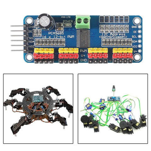 Four Pack PCA9685 16 Channel 12 Bit PWM Servo Driver Board for I2C Interface with robotics applications shown