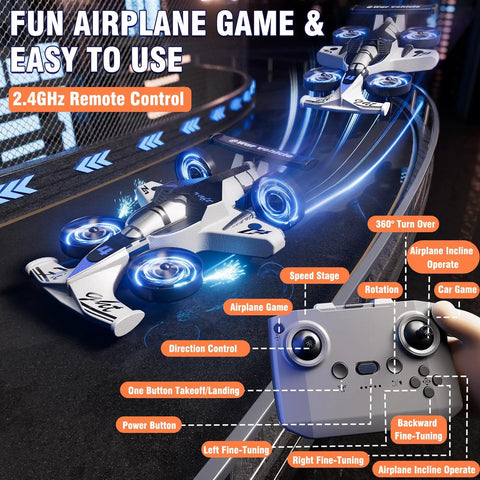 Totally 2 In 1 Remote Control RC Plane And Car That Lets You Ride And Fly Foam Indoor Outdoor Racer with labeled controller features