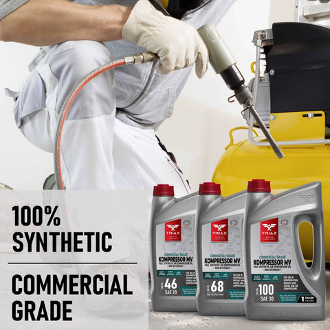 Technician using Full Synthetic ISO 46 Air Compressor Oil For Rotary, Vane, Screw And Reciprocating Gear, 1-gallon jugs.