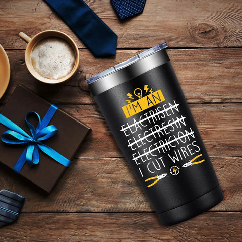 20oz Electrician Tumbler Gift For Men Hilarious On Site Gear beside gift box and coffee on wooden table.