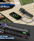 Beast Mode Rechargeable LED Flashlight 100000 Lumens USB C laser charging a phone on a camping table