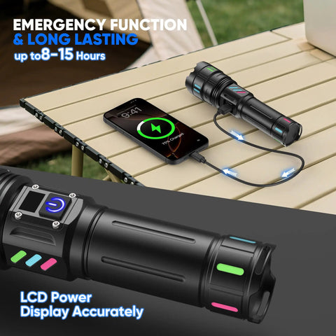 Beast Mode Rechargeable LED Flashlight 100000 Lumens USB C laser charging a phone on a camping table