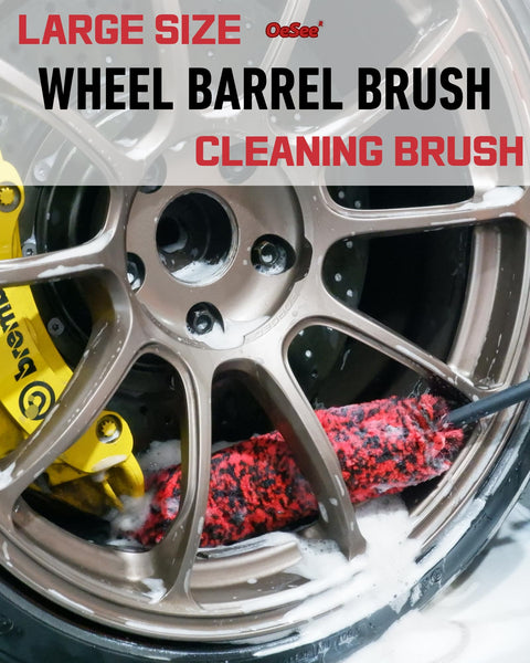 Pro Grade 4 Pack Long Handle Wheel Brush Kit cleaning a rim with large wheel barrel brush