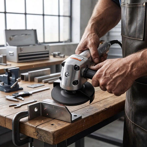 Heavy Duty Pneumatic Angle Grinder With Kickin Power And An Ergonomic Design For Swift Metal Cutting And Steady Performance On Demanding Job Sites Daily in use cutting metal.
