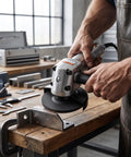 Battle Tested 4 Inch Pneumatic Angle Grinder Spits Out 11000 Rpm Of Blazing Air Power For Quick Cut Work On Any Job Site, cutting metal.