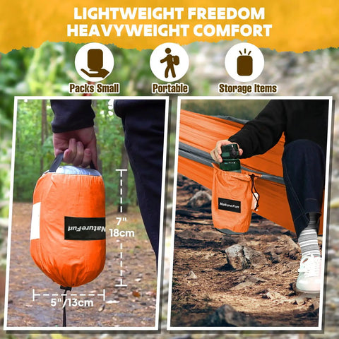 Ultra Light Travel Camping Hammock With 300kg Load Capacity 275x140 Cm Parachute Nylon packed in orange bag and storage pouch