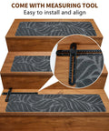 Peel And Stick Non Slip Stair Treads 8x30 Inches 15 Pack For Wooden Steps with measuring tool, dark grey leaf pattern