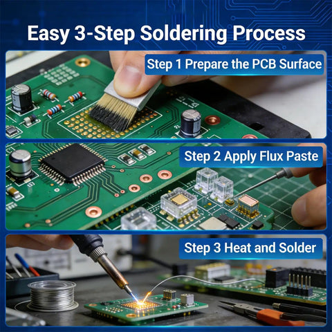 Easy 3-step process using Precision Soldering Flux Paste For Electronics No Clean Rosin Flux Lead Free on PCB for repairs.