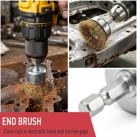 7-Pc Wire Brush Set With One Quarter Inch Hex Shank For Rust And Paint Stripping Featuring Durable Brass Coated Bristles in use on a cordless drill.