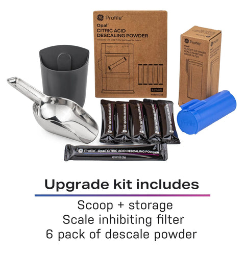 GE Profile Opal Nugget Ice Maker upgrade kit with stainless scoop, descaling powder packets, filter, blue storage cartridge