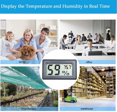 Four Pack Mini Digital Temp And Humidity Meters With Probes, displayed in different settings like office and greenhouse.