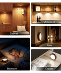 Rechargeable Wireless Puck Lights With Remote Control, Sweet Smooth Glow Under Cabinet Lighting, 3 Color Dimmable Peel And Stick Pad For Kitchen Counter Closet Shelf 2 Pack in various settings.