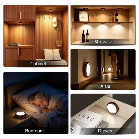 Rechargeable Wireless Puck Lights With Remote Control, Sweet Smooth Glow Under Cabinet Lighting, 3 Color Dimmable Peel And Stick Pad For Kitchen Counter Closet Shelf 2 Pack in various settings.