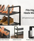 Expandable Metal Shoe Rack Organizer for Closet and Entryway Adjustable Two Tier Shoe Shelf with high heels and boots displayed.