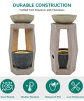 32 Inch Outdoor Fountain With Modern Geometric Two Bowls Water Feature And LED Lights Resin Durable Cascading Waterfall For Patio Backyard Garden Or Porch, front and side view