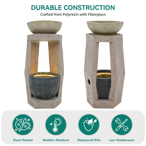 32 Inch Outdoor Fountain With Modern Geometric Two Bowls Water Feature And LED Lights Resin Durable Cascading Waterfall For Patio Backyard Garden Or Porch, front and side view