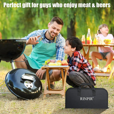 Father and son enjoying barbecue with 31 Piece Heavy Duty BBQ Grill Tools Set With Stainless Steel Utensils Mats And Carrying Bag